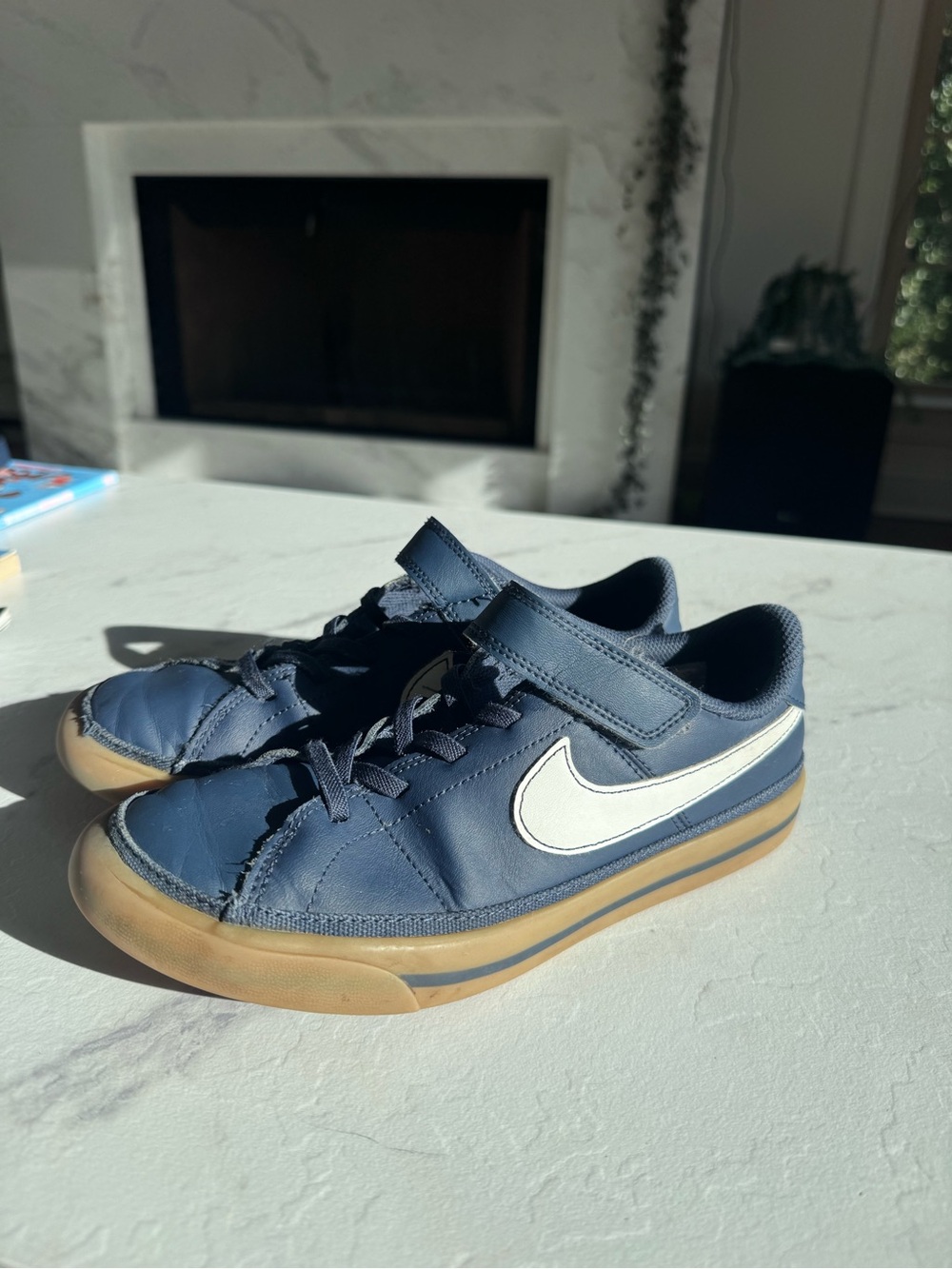 Nike Kids Gradeschool Court Legacy Shoes Boys Size 3 Navy Blue / Brown Velcro